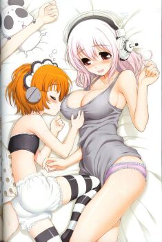2girls :&gt;= :d age_difference android ass bandeau bed bed_sheet black_legwear bloomers blush breast_sucking breast_sucking_through_clothes breasts cleavage clenched_hand closed_eyes crease curvy drooling embarrassed fingernails flat_ass flat_chest flying_sweatdrops frilled_panties frills from_above from_side headphones highres indoors joints large_breasts loli long_fingernails long_hair lying multiple_girls mushroom nitroplus no_bra no_pants official_art on_side onee-loli open_mouth orange_hair panda panties pink_hair purple_panties red_eyes robot_joints satsurikuin_ouka scan scan_artifacts screw short_hair sideboob size_difference skinny sleep_molestation sleeping smile strap_gap strapless striped_clothes striped_legwear striped_thighhighs super_sonico sweat tank_top thighhighs thighs through_clothes tsuji_santa tube_top underwear white_legwear yuri