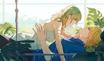 1boy 1girl black_pants blonde_hair blue_eyes blue_shirt breasts couple dimitri_alexandre_blaiddyd dimitri_alexandre_blaiddyd_(timeskip) dress female_byleth_(awakened)_(fire_emblem) female_byleth_(fire_emblem) fire_emblem fire_emblem:_three_houses from_side green_eyes green_hair hetero highres kyounatsuuu lying medium_breasts nintendo on_back pants shirt smile white_dress