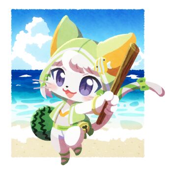 1girl :3 :d animal_ears animal_hands arm_up beach bell bikini blush bow bracelet cat_busters cat_ears cat_girl cat_tail chibi chibi_only chibikemo cloud commentary_request fish_hair_ornament food fruit full_body furry furry_female green_bow green_jacket hair_ornament holding holding_food holding_fruit holding_stick holding_watermelon hood hood_up hooded_jacket jacket jewelry jingle_bell lintette_(cat_busters) lintette_(swimsuit)_(cat_busters) no_lineart ocean oceannuts official_alternate_costume open_clothes open_jacket open_mouth outdoors purple_eyes sand short_hair shorts smile solo standing standing_on_one_leg stick swimsuit tail tail_bow tail_ornament transparent_background water watermelon whiskers white_bikini white_fur white_hair white_shorts