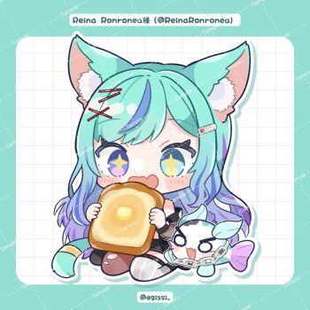 +_+ 1girl animal_ear_fluff animal_ears blue_hair blush_stickers border bread bread_slice cat_ears cat_girl cat_tail character_name chibi chibi_only commentary_request drop_shadow egissi fang food full_body globie green_border grid_background heterochromia highres holding holding_food long_hair multicolored_hair open_mouth outline purple_hair reina_ronronea sample_watermark sitting skin_fang solo streaked_hair tail toast twitter_username virtual_youtuber watermark watermark_grid white_background white_outline