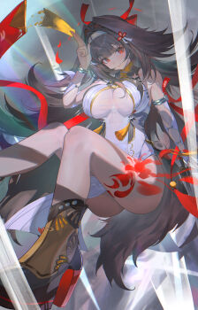 1girl absurdres armlet bracelet breasts brown_hair cleavage closed_mouth fox_tail hair_intakes hairband high_heels highres jewelry large_breasts leg_tattoo looking_at_viewer migiuth0618 pelvic_curtain red_eyes red_ribbon ribbon solo tail tattoo white_hairband ye_shunguang zenless_zone_zero