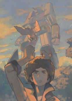 1boy afro animal animal_on_head bird cloud cosmo_yuki densetsu_kyojin_ideon ideon mecha on_head robot sarmat sky super_robot