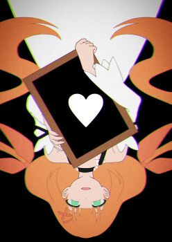 Rule 34 | 1girl, absurdres, bare shoulders, black background, black choker, blunt bangs, choker, collarbone, commentary request, detached sleeves, dress, green eyes, hair ornament, hair ribbon, heart, highres, holding, jewelry, kingdom hearts, kingdom hearts x, long hair, long sleeves, looking at viewer, low twintails, necklace, open mouth, orange hair, orange ribbon, pearl necklace, ribbon, simple background, smile, solo, strelitzia (kingdom hearts), symbolism, twintails, upside-down, very long hair, w3n6ev, white dress, x hair ornament