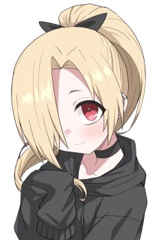 1girl alternate_hairstyle black_choker black_jacket blonde_hair choker commentary earclip hair_over_one_eye halulu highres idolmaster idolmaster_cinderella_girls jacket long_hair looking_at_viewer one_eye_covered ponytail red_eyes shirasaka_koume simple_background sleeves_past_fingers sleeves_past_wrists smile solo tareme upper_body white_background