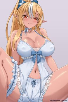 1girl babydoll blonde_hair bloomers blue_babydoll blue_bloomers blue_choker blue_nightgown blush bow breasts choker commentary cosplay dark-skinned_female dark_elf dark_skin elf english_commentary frilled_shorts frills hair_bow high_ponytail highres hololive large_breasts long_hair looking_at_viewer multicolored_hair nightgown open_mouth pointy_ears ponytail red_eyes seraphim_throne shiranui_flare shirogane_noel shirogane_noel_(9th_costume) shirogane_noel_(cosplay) shirt_ribbon shorts sidelocks smile solo streaked_hair string_choker underwear virtual_youtuber white_hair