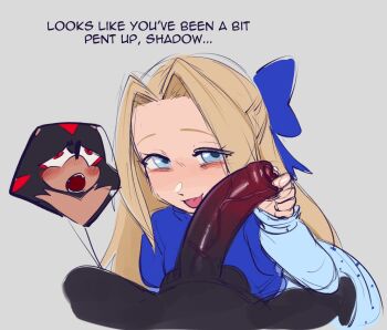 1boy 1girl black_hair blonde_hair blue_eyes dai_yuurei dress furry furry_with_non-furry hair_ribbon hetero interspecies large_penis loli long_hair looking_at_viewer maria_robotnik penis penis_grab precum red_eyes red_hair ribbon shadow_the_hedgehog simple_background sonic_(series) testicles tongue tongue_out