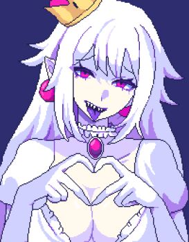 Rule 34 | 1girl, blue background, breasts, cleavage, collar, colored tongue, crown, double-parted bangs, dress, earrings, four-finger heart hands, frilled collar, frills, gem, gloves, hashtag-only commentary, heart, heart hands, highres, jewelry, large breasts, long hair, looking at viewer, mario (series), nintendo, open mouth, pink eyes, pink gem, pixel art, pixelcadete, pointy ears, princess king boo, purple tongue, raised inner eyebrows, sharp teeth, simple background, solo, sphere earrings, super crown, teeth, tongue, tongue out, upper body, white collar, white dress, white gloves, white hair