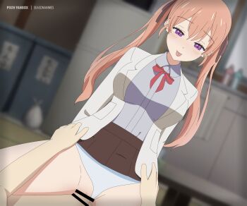 Rule 34 | 1boy, 1girl, :p, absurdres, amano erika, bad anatomy, bad hands, bar censor, blurry, blurry background, blush, breasts, censored, clothed female nude male, clothing aside, cowgirl position, depth of field, dutch angle, earrings, hair ribbon, half-closed eyes, hetero, highres, indoors, jacket, jewelry, kakkou no iinazuke, large breasts, light brown hair, long hair, looking at viewer, neck ribbon, nude, paid reward available, panties, panties aside, patreon username, penis, pov, pov hands, purple eyes, pussy, ribbon, rikka (seasonanimes), school uniform, sex, skirt around belly, smile, solo focus, straddling, thick thighs, thigh grab, thighs, tongue, tongue out, twintails, underwear, vaginal, watermark, white panties, wide hips