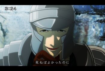 1boy armor black_eyes brown_gloves commentary_request dark_souls_(series) dark_souls_ii empty_eyes gloves helmet letterboxed looking_at_viewer male_focus mild_mannered_pate open_mouth pauldrons shoulder_armor smile solo suou_yuuchi timestamp translation_request upper_body