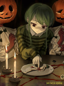 1other arrow_(symbol) black_nails brown_eyes candle closed_mouth colored_skin commentary dress dress_shirt english_commentary expressionless frilled_shirt_collar frills green_hair green_sweater halloween highres jack-o'-lantern jack-o'-lantern_head light_particles looking_at_another mini_person okai_yuda on_plate original pale_skin pentagram red_skin shirt short_hair short_hair_with_long_locks sleeves_past_wrists striped_clothes striped_sweater summoning sweater white_dress white_shirt