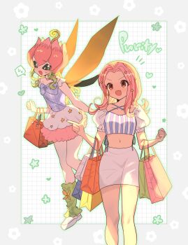 Rule 34 | 2girls, blue shirt, brown hair, cowboy shot, cropped shirt, digimon, digimon adventure 02, fairy wings, full body, green hair, hanana (ymbk sb), highres, lilimon, long hair, miniskirt, multiple girls, navel, pink hair, pink skirt, shirt, simple background, skirt, tachikawa mimi, white background, white skirt, wings