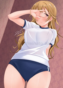1girl blue_buruma blush breasts brown_hair buruma closed_mouth commentary_request covered_erect_nipples covering_own_eyes double_vertical_stripe gluteal_fold gym_shirt gym_uniform hair_ornament hairclip highres hino_minato_(spec.c) long_hair medium_breasts original shirt short_sleeves sidelocks signature solo standing thighs twitter_username watermark white_shirt