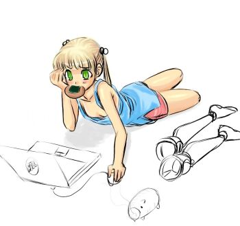 1girl amputee blonde_hair blue_tank_top breasts cleavage collarbone computer computer_mouse double_amputee green_eyes hair_bobbles hair_ornament hand_on_own_face ibarazaki_emi katawa_shoujo kekekeke laptop legless_amputee long_hair looking_at_object lying mouth_hold on_floor pink_shorts prosthesis prosthetic_leg shorts sketch small_breasts solo tank_top twintails white_background