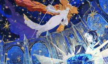 1girl 1other :< animal_ears braid cat_ears cat_girl commentary_request drasonsong dress faceless facial_mark fairy fairy_wings feo_ul final_fantasy final_fantasy_xiv floating hand_up highres holding holding_staff korean_commentary long_hair mage_staff miqo'te orange_hair sky staff stained_glass star_(sky) starry_sky sweatdrop tiara treasure_chest twintails twitter_username warrior_of_light_(ff14) white_dress wings