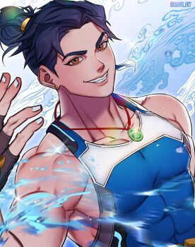 Rule 34 | 1boy, absurdres, bare shoulders, black hair, blue tank top, brown eyes, collarbone, commentary, covered abs, covered pectorals, earrings, erdue ow, fingerless gloves, gloves, hair bun, highres, hydrokinesis, jade (gemstone), jewelry, male focus, muscular, muscular male, necklace, overwatch, pectorals, pendant, rectangular earrings, sidepec, simple background, sleeveless, stud earrings, tank top, tight clothes, topknot, untranslatable commentary, water, white background, wuyang (overwatch)