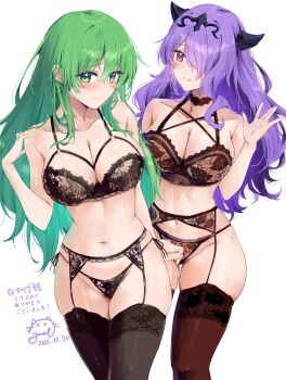 2girls armpit_crease bare_shoulders black_bra black_panties blush bra breasts brown_bra brown_choker brown_panties brown_thighhighs camilla_(fire_emblem) choker cleavage closed_mouth collarbone commentary_request embarrassed eyebrows_hidden_by_hair fire_emblem fire_emblem:_path_of_radiance fire_emblem:_radiant_dawn fire_emblem_fates frown garter_belt green_eyes green_hair grin groin hair_between_eyes hair_over_one_eye hand_up highres horns lace lace-trimmed_bra lace-trimmed_panties lace_trim large_breasts lingerie long_hair looking_at_viewer multiple_girls navel nephenee_(fire_emblem) nintendo open_mouth panties partial_commentary purple_eyes purple_hair shy skindentation smile stomach thick_thighs thighhighs thighs underwear very_long_hair waving yuuri_(orz_commushows)