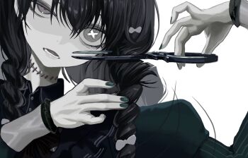 Rule 34 | 1girl, alternate costume, black hair, bow, bowtie, braid, collared dress, cuffs, cutting hair, cutting own hair, dress, green dress, green nails, grey eyes, hair between eyes, hair bow, half-closed eye, hand up, hatsune miku, head tilt, highres, holding, holding own hair, holding scissors, juliet sleeves, long hair, long sleeves, looking at viewer, open mouth, pale skin, puffy sleeves, scissors, solo, stitched neck, stitches, twin braids, upper body, vocaloid, wawasuke, white background