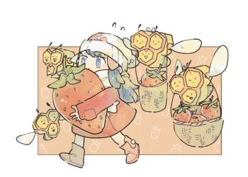 1girl basket beanie blue_eyes blue_hair boots border coat combee dawn_(pokemon) food fruit full_body gen_4_pokemon hair_ornament hairclip hat holding holding_basket holding_food holding_fruit katiko long_hair looking_at_viewer nintendo orange_background pink_boots pink_coat pokemon pokemon_(creature) pokemon_dppt pokemon_platinum scarf simple_background standing strawberry white_border white_hat white_scarf