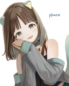 1girl animal_ears black_camisole brown_hair camisole cardigan cardigan_partially_removed commentary_request english_text fangs green_eyes grey_cardigan hands_up highres looking_at_viewer medium_hair nena_labo open_mouth original parted_bangs simple_background skin_fangs smile solo spaghetti_strap upper_body white_background