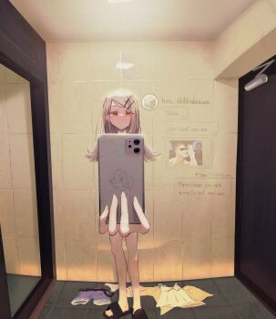 1girl absurdres adversarial_noise bar_censor bathroom bramoncrepe cellphone censored censored_identity chat_log clothes_on_floor completely_nude doro_(nikke) english_text gakuen_idolmaster grey_hair hair_ornament hairclip highres holding holding_phone idolmaster implied_nudity john_cena long_hair minecraft nude orange_eyes panties phone sandals selfie sexting shinosawa_hiro skeleton_(minecraft) smartphone smile smug solo swept_bangs text_messaging underwear unworn_clothes unworn_panties white_panties wwe zoomer_slang
