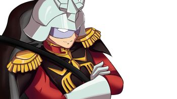 1boy char_aznable close-up crossed_arms derivative_work drawfag getter_robo gundam highres male_focus mask mobile_suit_gundam screenshot_redraw shin_getter_robo_vs_neo_getter_robo sitting smirk solo transparent_background uniform zeon