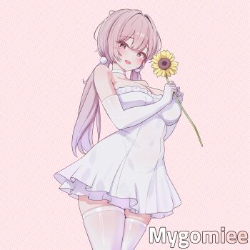 Rule 34 | 1girl, absurdres, blush, breasts, brown hair, choker, commentary request, cowboy shot, double-parted bangs, dress, elbow gloves, flower, gloves, grey eyes, highres, holding, holding flower, indie virtual youtuber, large breasts, long hair, looking at viewer, mygomiee, open mouth, pink background, rapid17, short dress, smile, solo, strapless, strapless dress, sunflower, thighhighs, twintails, virtual youtuber, white choker, white dress, white gloves, white thighhighs