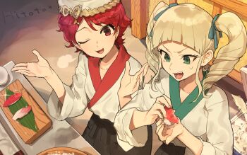 2girls aikatsu! aikatsu!_(series) apron black_apron blonde_hair chef commentary_request cooking drill_hair food food_stand from_above furrowed_brow green_eyes hair_ribbon hands_up highres hitoto ichinose_kaede japanese_clothes long_hair long_sleeves looking_at_viewer multiple_girls one_eye_closed open_mouth puff_of_air red_eyes red_hair ribbon rice short_hair shrugging smile sushi sweatdrop table todo_yurika twin_drills twintails