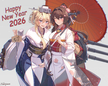 2026 2girls adapted_turret blonde_hair blue_eyes blue_kimono blush breasts brown_eyes brown_hair floral_print flower fur_trim furisode hair_between_eyes hair_flower hair_ornament happy_new_year highres himeyamato iowa_(kancolle) iowa_(new_year)_(kancolle) japanese_clothes kantai_collection kimono long_hair looking_at_viewer multiple_girls new_year obi official_alternate_costume oil-paper_umbrella open_mouth pink_kimono ponytail sash smile star-shaped_pupils star_(symbol) symbol-shaped_pupils umbrella white_kimono wide_sleeves yamato_(kancolle) yamato_(new_year)_(kancolle)