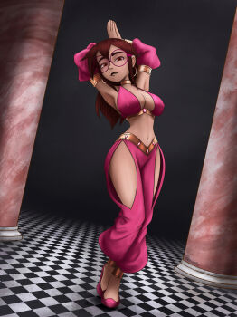 1girl arms_up bikini bikini_top_only breasts brown_hair checkered_floor choker cleavage covered_erect_nipples dancer dancing detached_sleeves earrings glasses harem_outfit harem_pants hoop_earrings jewelry large_breasts long_hair long_sleeves looking_at_viewer navel original own_hands_together pants parasomnico pillar pink_bikini pink_pants pink_shoes red_eyes shoes side_slit standing swimsuit