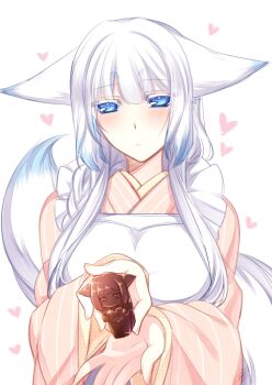 Rule 34 | 1girl, animal ears, apron, blue eyes, blush, breasts, chocolate, colored eyelashes, female focus, fox ears, fox tail, heart, japanese clothes, kimono, konshin, large breasts, long hair, looking at viewer, orie mishiro, pixiv fantasia, pixiv fantasia fallen kings, solo, tail, white background, white hair