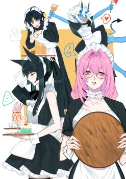 Rule 34 | absurdres, apron, asaba harumasa, black hair, blue skin, blush, closed eyes, closed mouth, colored skin, cowboy shot, glasses, hair between eyes, heart, highres, hoshimi miyabi, long hair, looking at viewer, maid, maid apron, maid headdress, oni, open mouth, parted lips, pink eyes, pink hair, ponytail, sidelocks, smile, soukaku (zenless zone zero), tsukishiro yanagi, wu89767582, yellow eyes, zenless zone zero