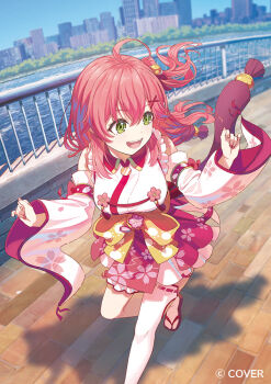 1girl :d ahoge asymmetrical_legwear bell blue_sky breasts commentary_request copyright_notice copyright_request day detached_sleeves double-parted_bangs floating_hair frilled_kimono frilled_thigh_strap frills geta green_eyes hair_bell hair_ornament hairclip hakama hakama_short_skirt hakama_skirt hands_up hololive japanese_clothes jingle_bell kimono koh_rd large_breasts long_hair looking_to_the_side nontraditional_miko official_art one_side_up open_mouth outdoors pink_hair pink_skirt river running sakura_miko sakura_miko_(1st_costume) single_sock single_thighhigh skirt sky sleeveless sleeveless_kimono smile socks solo tabi teeth thigh_strap thighhighs uneven_legwear upper_teeth_only virtual_youtuber white_sleeves white_socks white_thighhighs wide_sleeves x_hair_ornament