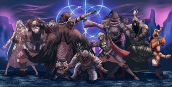 3girls 5boys animal_head armor artist_self-insert beard bird_boy black_hat black_jacket blindfold blindfold_mask doll_joints dress duchess_(elden_ring) elden_ring elden_ring_nightreign executor_(elden_ring) facial_hair fake_horns feathered_wings fur_trim ginyu_force_pose guardian_(elden_ring) hat helmet highres hood horned_helmet horns ironeye_(elden_ring) jacket joints long_hair long_sleeves mask multiple_boys multiple_girls o'donnis raider_(elden_ring) recluse_(elden_ring) revenant_(elden_ring) white_beard white_dress white_hair wings witch_hat wylder_(elden_ring)