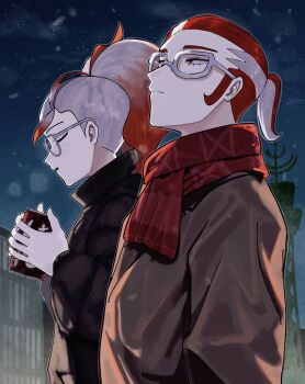 1boy 1girl absurdres alternate_costume brown_coat can closed_eyes closed_mouth coat from_side glasses grey-framed_eyewear griselle_(pokemon) grisham_(pokemon) hands_up highres holding holding_can long_sleeves looking_up multicolored_hair night nintendo open_mouth outdoors pokemon pokemon_legends:_z-a ponytail red_scarf scarf short_ponytail sky two-tone_hair umebosi_nigame upper_body