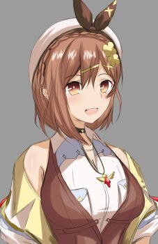 1girl atelier_(series) atelier_ryza atelier_ryza_3 beret braid breasts brown_eyes brown_hair brown_vest choker clover_hair_ornament crown_braid earrings hair_ornament hat jewelry large_breasts multiple_necklaces necklace open_mouth reisalin_stout short_hair smile solo solphel star_(symbol) star_choker star_earrings star_necklace teeth upper_body upper_teeth_only vest white_hat x_hair_ornament