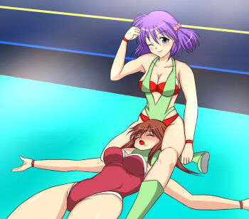 2girls artist_request catfight character_request fainted fainting multiple_girls one-piece_swimsuit smile swimsuit tagme unconscious wrestle_angels wrestling wrestling_ring yuuki_chigusa