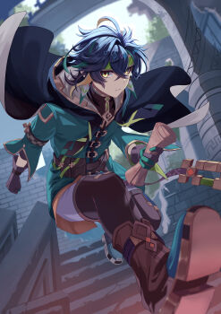 1boy absurdres black_cape black_hair blonde_hair brown_gloves brown_shoes cape closed_mouth genshin_impact gloves green_eyes green_hair green_headband green_jacket hair_between_eyes haya_pik headband highres holding holding_map jacket kinich_(genshin_impact) male_focus map multicolored_hair shoes short_hair solo streaked_hair