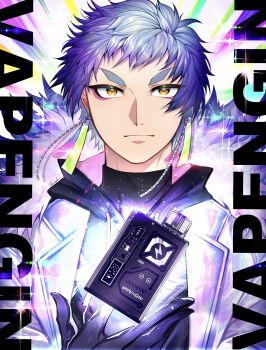 Rule 34 | 1boy, ad, black gloves, black shirt, blue hair, earrings, electronic cigarette, floating, gloves, highres, jewelry, looking at viewer, male focus, orange eyes, original, shirt, short hair, solo, sparkle, touoh, upper body, v-shaped eyebrows, vapengin
