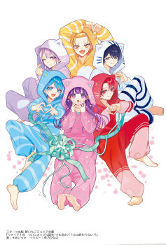 1girl 5boys :d absurdres animal_ears animal_hood arms_up barefoot black_hair blonde_hair blue_eyes blue_hair chano_hinano commentary_request fake_animal_ears finger_heart floral_background hair_between_eyes highres hiyori_sora hood hood_up hyouka_yuki inazuma_rai long_sleeves multicolored_hair multiple_boys official_art onesie open_mouth orange_eyes puffy_long_sleeves puffy_sleeves purple_eyes purple_hair red_eyes red_hair shizukugawa_ame simple_background smile soles streaked_hair tenyou_hare utaite! white_background yagiri_kumo