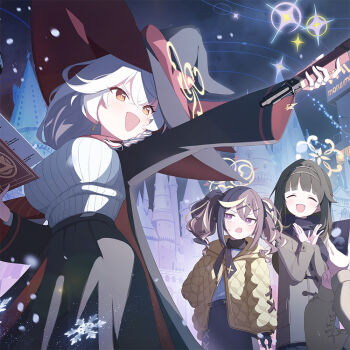 1other 3girls black_hair black_robe black_scarf black_skirt blue_archive book breasts brown_eyes brown_hair castle closed_eyes commentary_request eri_(blue_archive) gun hair_between_eyes hair_ornament halo hat higashigure holding holding_book holding_gun holding_weapon large_breasts long_hair long_sleeves multicolored_hair multiple_girls open_mouth orange_eyes rena_(blue_archive) robe scarf shirt skirt smile snowflakes sweater tilted_halo tsumugi_(blue_archive) twintails very_long_hair weapon white_hair white_shirt witch_hat yellow_halo yellow_sweater