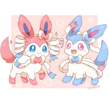 alternate_color animal_focus blue_eyes blue_fur blue_sclera blush bow closed_mouth colored_sclera commentary_request drill_hair gen_6_pokemon highres mimix nintendo no_humans open_mouth pink_eyes pink_fur pink_sclera pokemon pokemon_(creature) pokemon_focus ribbon shiny_and_normal shiny_pokemon smile sylveon two-tone_fur white_fur