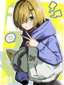 1boy animal_ear_helmet animal_ears animal_helmet black_shorts blonde_hair blue_hood blue_sleeves blush cat_ears clothes_writing cowboy_shot fake_animal_ears green_eyes hair_intakes hair_ornament hair_over_one_eye hairclip haizara_ikaga helmet highres holding holding_unworn_helmet hood hood_down hoodie lightning_bolt_symbol long_sleeves looking_at_viewer male_focus nijisanji no_headwear no_jacket outline parted_lips print_hoodie short_hair shorts sleeves_past_fingers sleeves_past_wrists solo space_helmet spoken_star standing star_(symbol) unworn_headwear unworn_helmet uzuki_kou uzuki_kou_(5th_costume) v virtual_youtuber white_helmet white_hoodie white_outline wolf_cut yellow_background