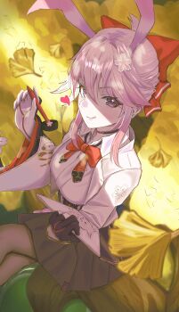 Rule 34 | 1girl, absurdres, animal ears, asymmetrical gloves, black gloves, black pantyhose, black skirt, bow, bowtie, breasts, commentary request, crossed legs, evanescia (honkai: star rail), fox ears, fox girl, gloves, heart, highres, holding, holding pen, honkai: star rail, honkai (series), kuroro 0427, large breasts, licking lips, looking at viewer, medium hair, mismatched gloves, pantyhose, pen, pink hair, purple eyes, red bow, red bowtie, shirt, sitting, skirt, smile, solo, tongue, tongue out, white gloves, white shirt