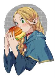 Rule 34 | 1girl, artist logo, artist name, blonde hair, blue capelet, blue robe, blush, braid, braided ponytail, burger, capelet, choker, commentary request, dungeon meshi, eating, edomon-do, elf, food, green eyes, highres, holding, holding burger, holding food, hood, hooded capelet, long hair, marcille donato, pointy ears, red choker, robe, solo, upper body, watermark, white background