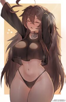 1girl :o ahoge arm_behind_head arm_up bandaid bandaid_on_face bandaid_on_nose black_choker black_panties black_shirt blurry blush bokeh boosty_username border breasts brown_hair choker closed_eyes closed_mouth collarbone commentary crop_top crop_top_overhang cropped_shirt curvy depth_of_field double-parted_bangs english_commentary fang hair_between_eyes hair_intakes heart heart-shaped_lock heart_ahoge highleg highleg_panties highres huge_ahoge indie_virtual_youtuber large_breasts long_hair navel orange_background panties patreon_username see-through_silhouette shirt skin_fang skindentation sky_above_me_(vtuber) solo stomach thick_thighs thighs underwear very_long_hair virtual_youtuber wersman white_border