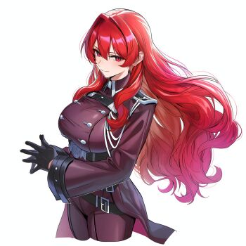 1girl belt black_gloves breasts buttons closed_mouth commentary_request double-breasted duel_monster eropen2025 exosister_karmael exosister_martha gloves hair_between_eyes hair_intakes highres jacket large_breasts long_hair long_sleeves looking_at_viewer pants red_eyes red_hair red_jacket shoulder_boards sidelocks simple_background smile solo standing upper_body very_long_hair white_background yu-gi-oh!