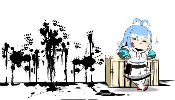 &lt;o&gt;_&lt;o&gt; 1girl :3 absurdres antenna_hair black_eyes blue_hair blush bottle box chibi cocked_eyebrow graffiti handprint highres hololive hololive_indonesia hood hood_down ink_on_clothes ink_on_face ink_splatter ink_stain inkwell jacket kobo_kanaeru kobo_kanaeru_(1st_costume) korean_commentary leaning_back leaning_on_object minchi_(anda) multicolored_hair pocket puffy_cheeks red_shoes see-through_clothes see-through_jacket shirt shoes smug solo two-tone_hair virtual_youtuber white_background white_hair white_jacket white_shirt wooden_box