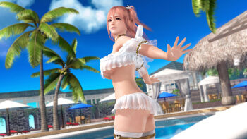 1girl 3d ass breasts dead_or_alive dead_or_alive_5 dead_or_alive_xtreme_3_fortune dead_or_alive_xtreme_beach_volleyball female_focus honoka_(doa) large_breasts official_art outdoors pink_hair sky smile solo underboob