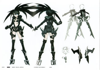 1girl absurdres barcode barcode_tattoo belt black_gloves black_hair black_jacket black_rock_shooter black_rock_shooter_(character) black_rock_shooter_(game) black_shorts blue_eyes boots gloves high_heels highres hood hooded_jacket huke incredibly_absurdres jacket long_hair mechanical_wings official_art open_clothes open_jacket pale_skin production_art reference_sheet scan shorts stella_(black_rock_shooter) tattoo twintails uneven_twintails white_background wings