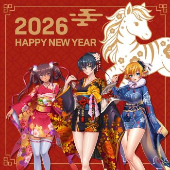 Rule 34 | 2026, 3girls, action taimanin, alternate costume, alternate hairstyle, aoi nagisa (metalder), bare legs, breasts, chinese zodiac, curvy, dark-skinned female, dark skin, english text, female focus, happy new year, horse (chinese zodiac), igawa asagi, igawa sakura, japanese clothes, kagami hirotaka, kimono, large breasts, lilith-soft, long hair, looking at viewer, mizuki yukikaze, multiple girls, new year, official alternate costume, official alternate hairstyle, shiny skin, short kimono, siblings, sisters, taimanin (series), taimanin asagi, taimanin yukikaze, thighhighs, twintails, very long hair, white thighhighs, wide hips, year of the horse, zettai ryouiki